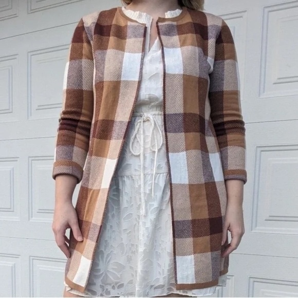 Loft Plaid Open-Front Cardigan Longline Duster Brown Tan Cream Checkered Size M - Picture 6 of 6